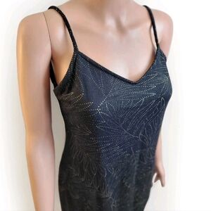 Vintage 90s Strappy Mini Dress Women's 8 S/M Black Gold Glitter Floral Retro Y2K